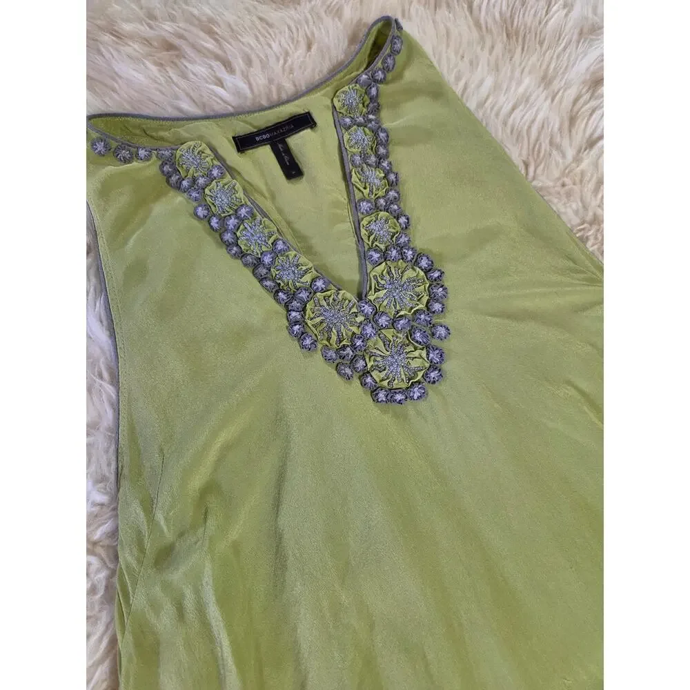 BCBGMAXAZRIA Green 100% Silk Sleeveless Tank Dress Mini Racerback M - Picture 3 of 15